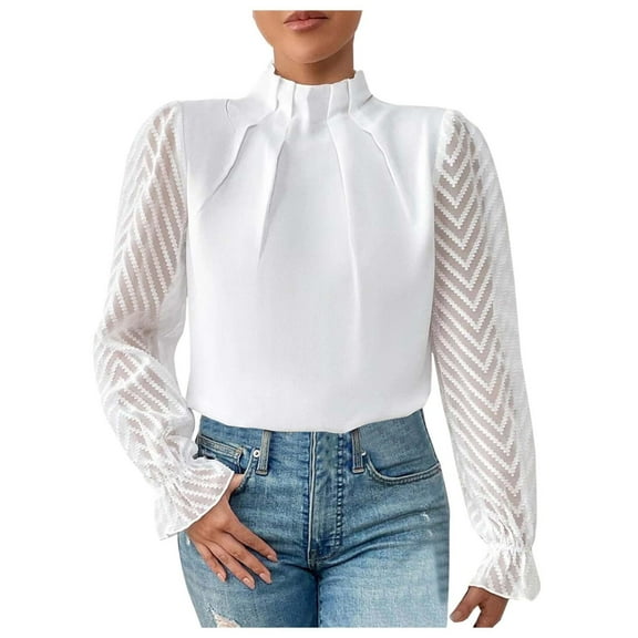 Women's Autumn Winter Half High Neck Chiffon Long Sleeve Blouse Elegant Splicing Pattern Casual T-Shirt Top