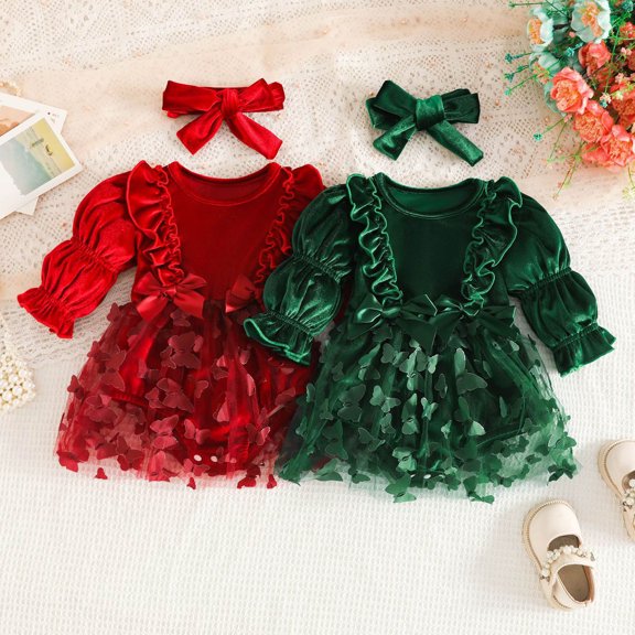 Pandaie Toddler Baby Girls Christmas Velvet Dress Butterfly Puff Sleeve Outfit 3M 6M 9M 12M 18M with Bow Headband Green,9-12 Months