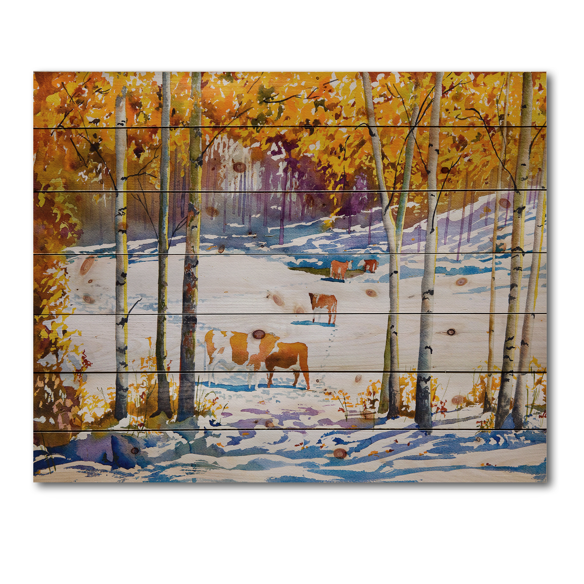 Designart 'Cattles In The Early Snow In The Tree Forest' Farmhouse Print on Natural Pine Wood