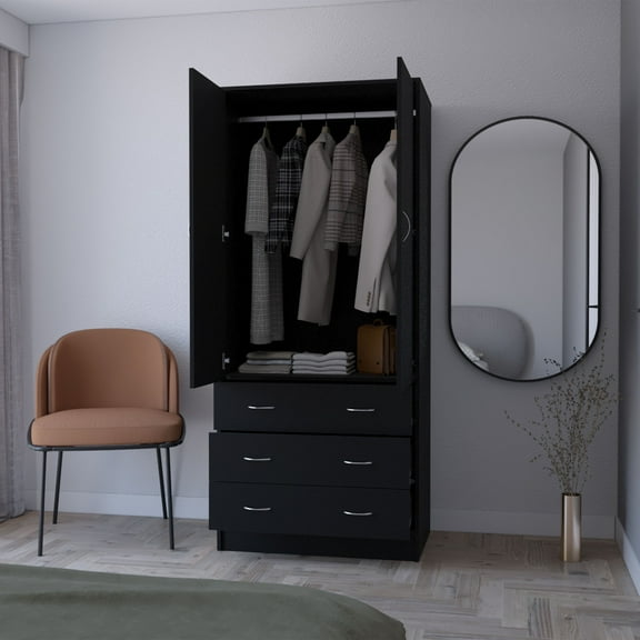 Xukmct 2 Doors Storage Cabinet with 3 Drawers and 1 Rod, Wood Armoire for Living Room, Bedroom, Black