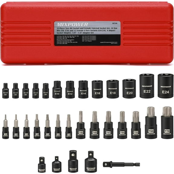 MIXPOWER 32PCS Torx Bit Socket Set, 14 Star Bits (T8-T70)& 13 E-Torx Sockets (E4-E24), CR-V & S2 Alloy Steel