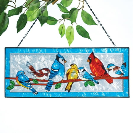 Colorful Songbirds Suncatcher - Place in Front of a Sunny Window - Stained Glass Look - Framed Blue Border, Chain Included for Easy Hanging - Glass / Metal - 20