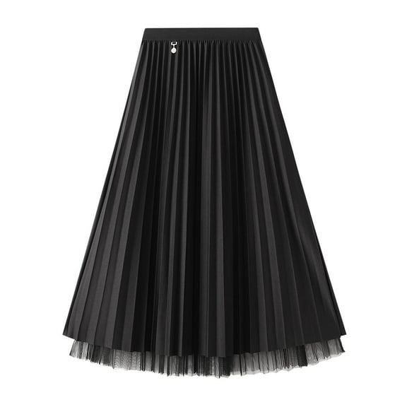 SWSMCLT Women's Pleated Calf Tea Length Long Skirt Tulle Tutu Midi Skirts Pleated 2 Layered Black One Size