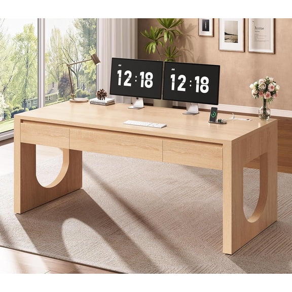 SEDETA Modern Office Desk with 3 Drawers, 55" Executive Desk with U-Shaped Legs, Wood Computer Desk with Power Outlet, Home Office Desks with Relief Texture, Natrual