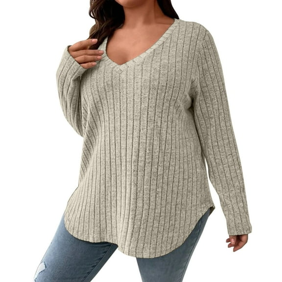 Holzkary Women Plus Size Casual Knit V Neck Lightweight Long Sleeve Sweaters Women's Solid Colour V Neck Knit Long Sleeve Pitted Stripe Brushed Pullover Top Beige Xxl