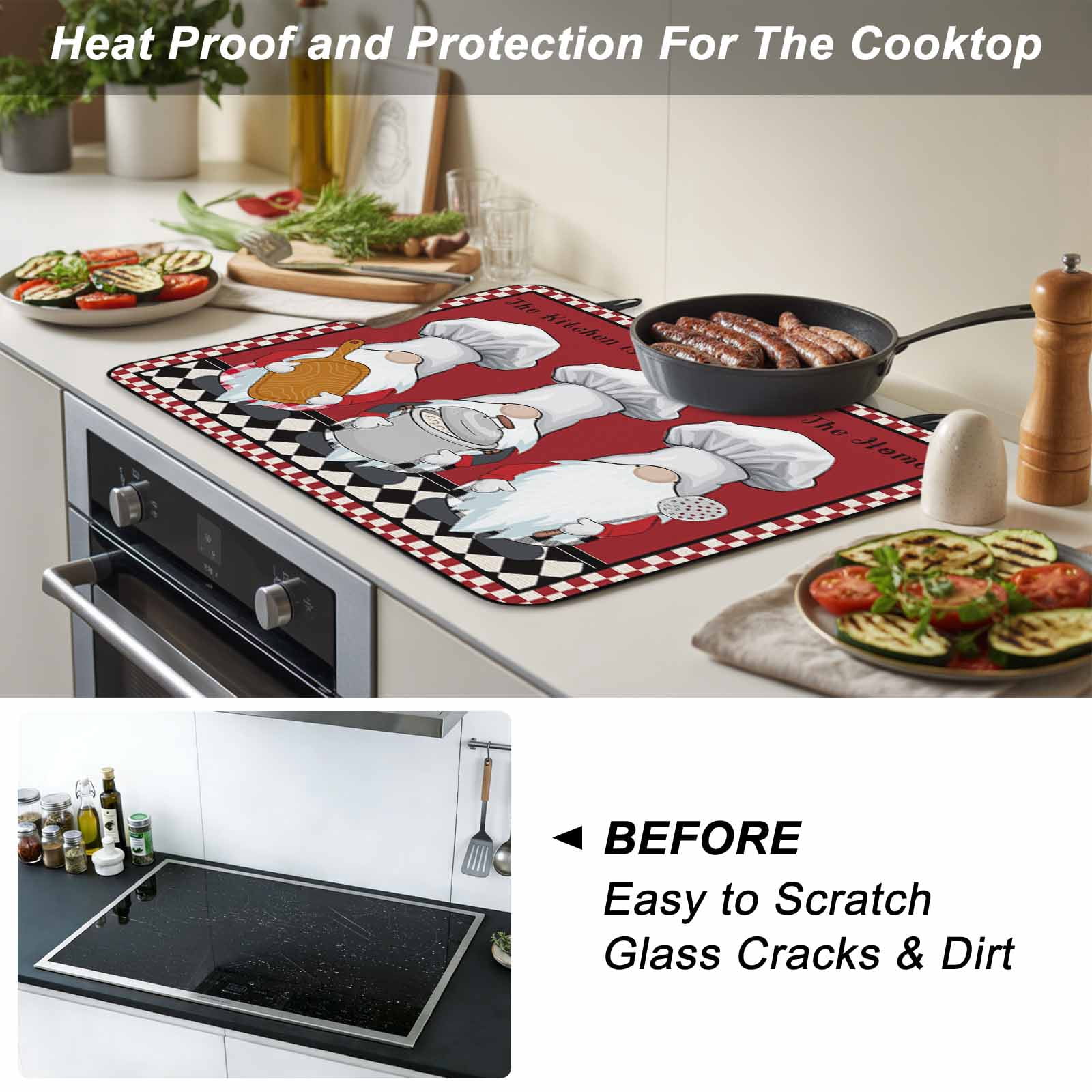 Red Chef Gnomes Stove Top Cover for Electric Stove, Heat-proof & Non Slip Glass Top Stove Cover Protector, Farmhouse Red White Plaid Kitchen Flat Cooktop Rubber Mat 28.5x20.5 Inches