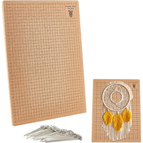 12x16in Macrame Board Crochet Blocking Board with 50pcs T-Pins Handmade Braiding Helper Board Knitting Board Tool Large Cork 2 Scales Double-Sided Grids