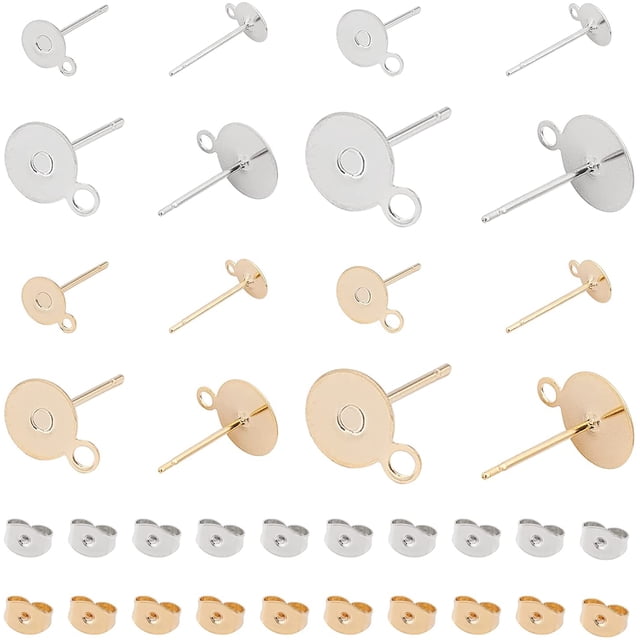 80 piezas de pendientes hipoalergénicos de acero inoxidable con pasador plano y redondo de 5/6/8/10 mm, con 80 tuercas de oreja de 0,8 mm, color dorado y acero inoxidable.