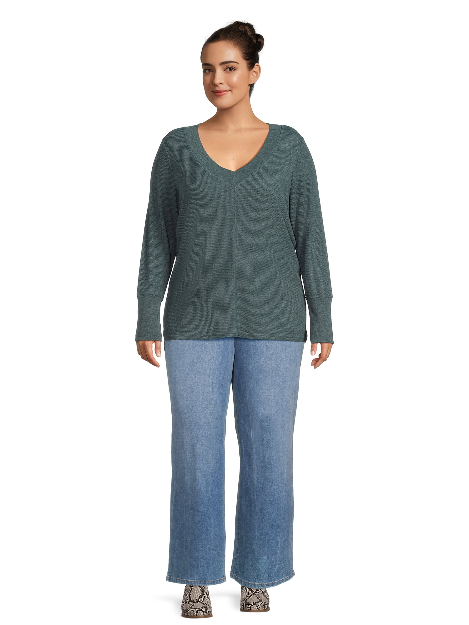 Terra & Sky Women’s Plus Size Waffle V-Neck Tee, 2-Pack