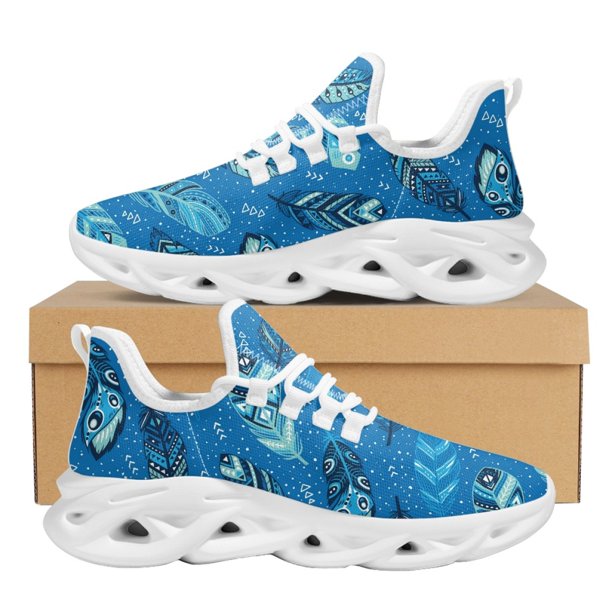 Zapatillas de deporte informales de malla tejida con estampado tribal para mujer, zapatos ligeros con plataforma y cordones, calzado plano con plumas tribales