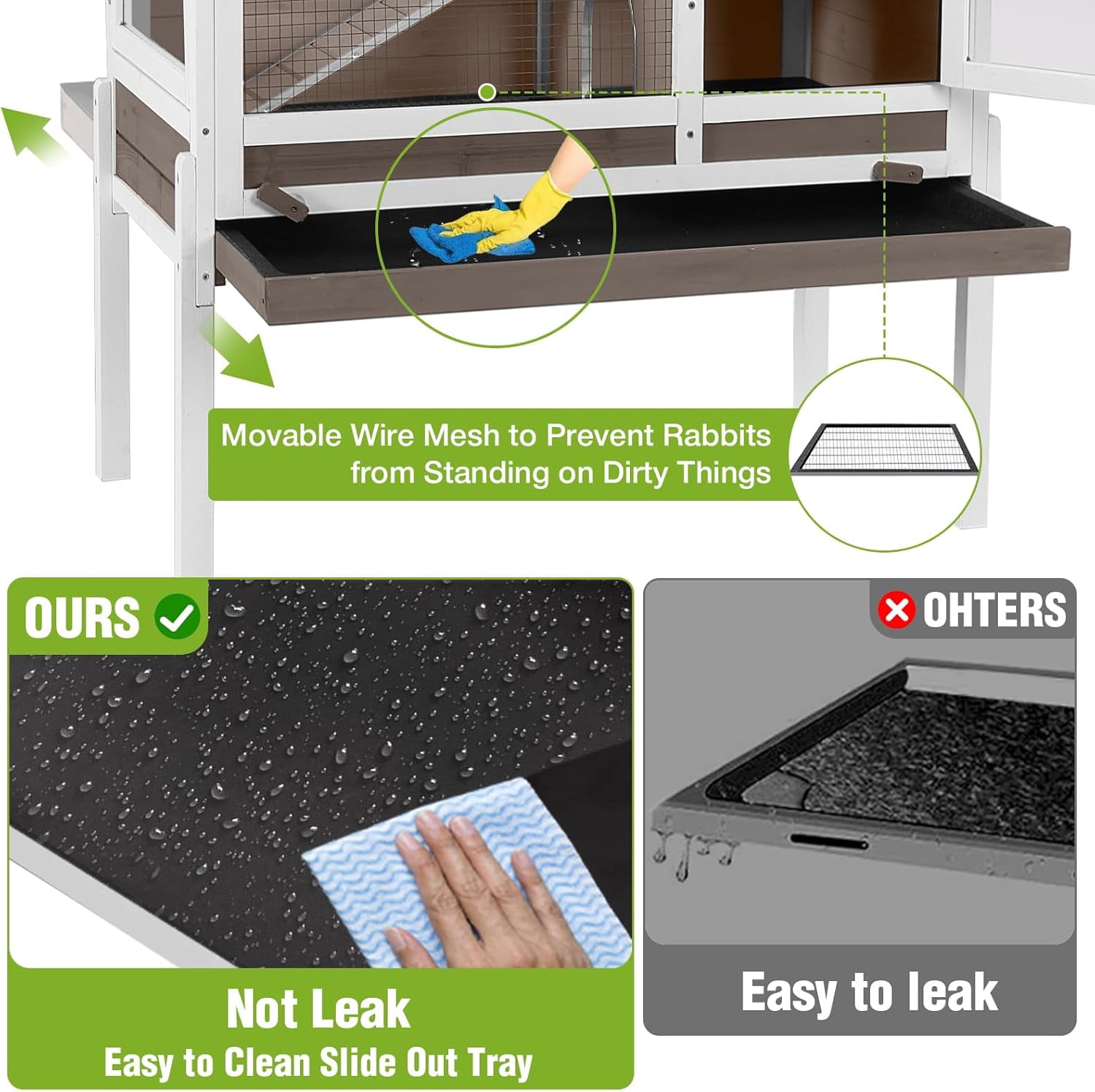 Aivituvin Indoor Rabbit Hutch Guinea Pig Cages with Chew-Proof Ramp, 2-Story Wooden Bunny House with Pull-Out Tray & Leakproof PVC Layer, Small Animal Cage with Detachable Legs