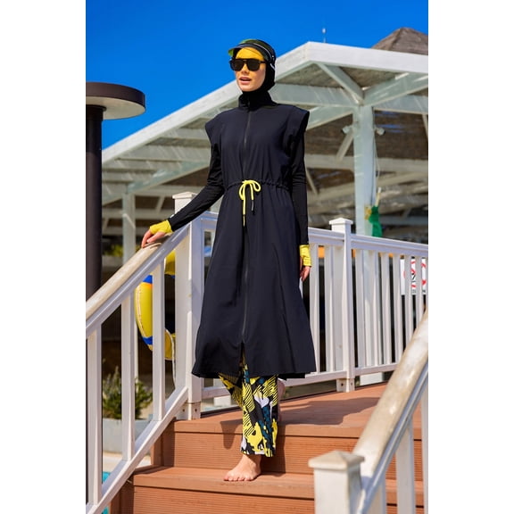 Marina Women's Modest Full Coverage Burkini Set - Black Islamic Swimsuit, Model M2501-1