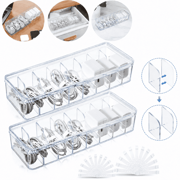 LU TANSHENG 2 Pack Clear Plastic Cord Storage Box with Lid & Removable Divider, Multifunctional Desk Organizer for Home Office Stationery & Small Supplies