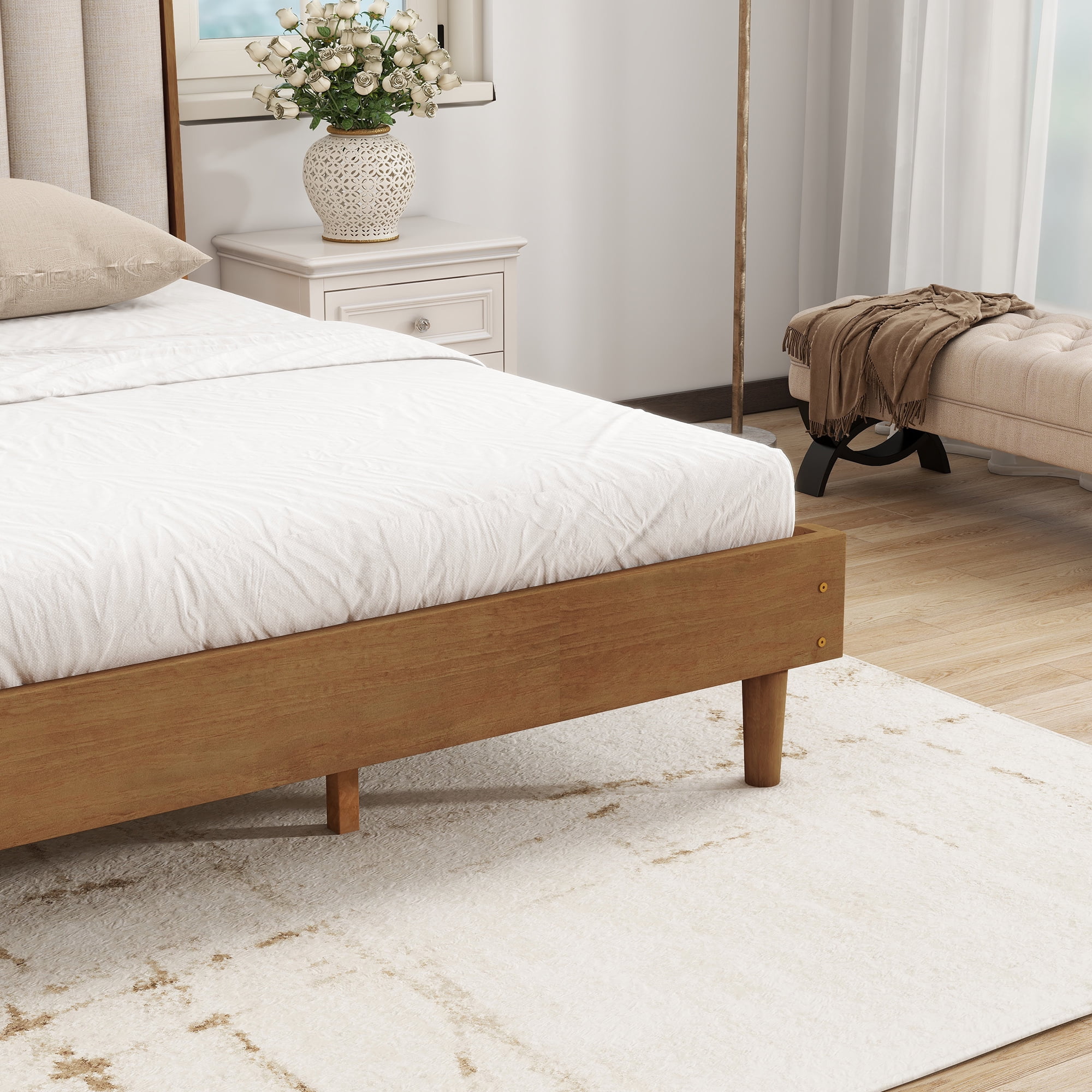 HOQBN King Size Wood Bed with Piano Key Style Upholstered Headboard , Wood Bed with Strengthened Bed Frame, Wheat