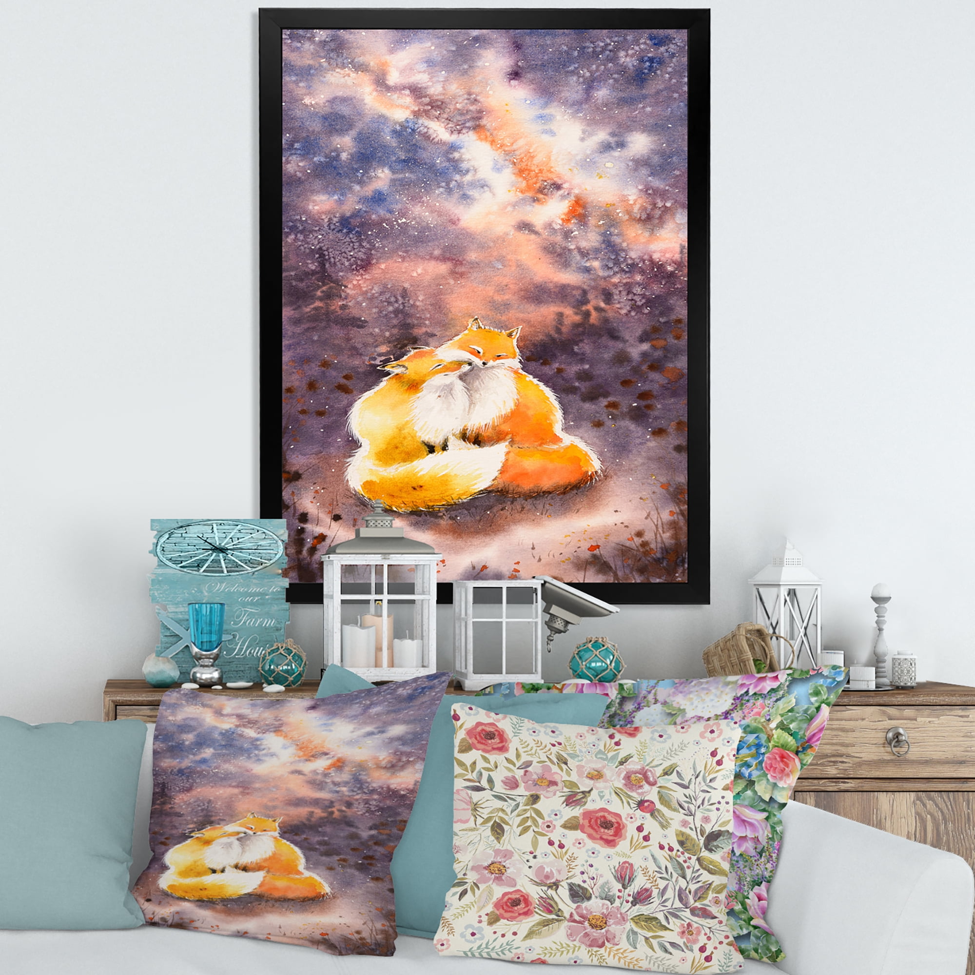 Designart 'Foxes Over A Night Sky Hugging ' Children's Art Framed Art Print