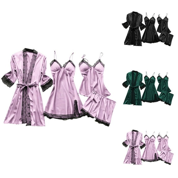Lounge Sets for Women – Cozy Pajamas for Vacation Women Satin Lace Sexy Suspenders Nightgown Robe Pajama Pants Home Clothes With Chest Pad Light Four Piece Set