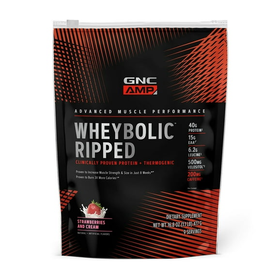 GNC AMP Wheybolic Ripped Clinically Proven Protein Powder & Thermogenic Protein Supplement, Strawberries and Cream, Increases Muscle Strength & Size, Calorie Burn, Energy & Endurance, Caffeine, 40g