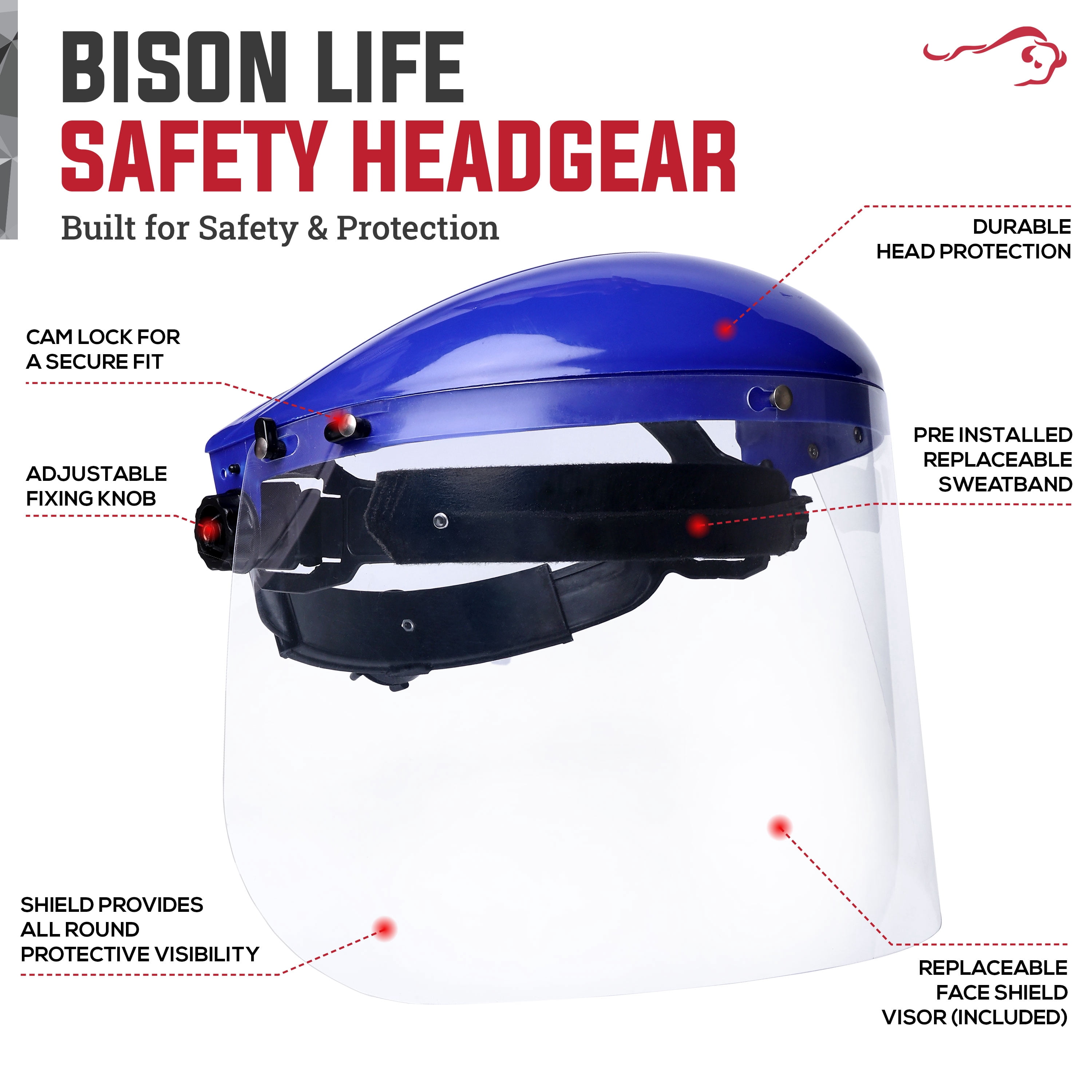 BISON LIFE Safety Blue Headgear with Clear Polycarbonate Face Shield, Adjustable Fit, Pack of 2