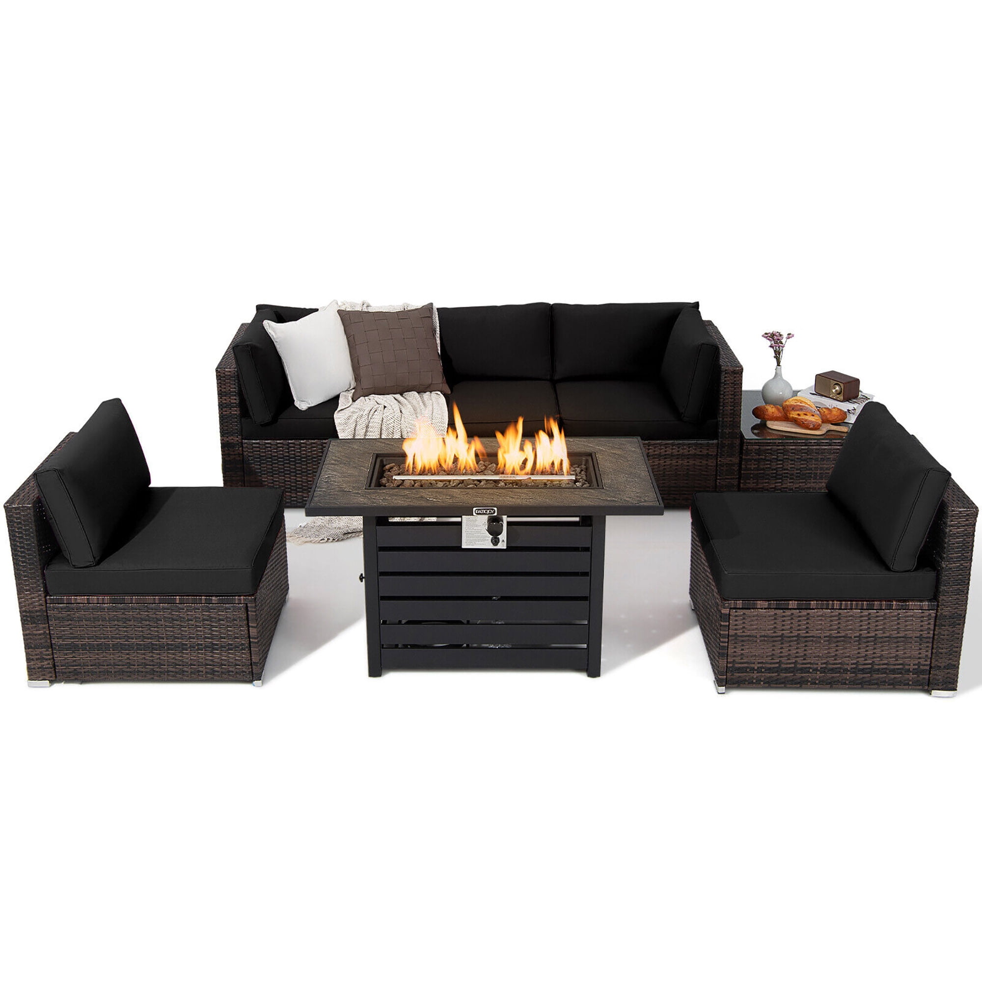 Gymax 7PCS Patio Rattan Furniture Set 42'' Fire Pit Table w/ Cover
