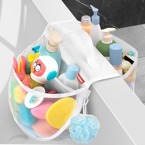 Bath Toy Storage Saddle Shape 2 Compartments,Quick Access丨Wide Opening Bathtub Toy Organizer for Tub,Nylon Mesh Shower Holder and Tub Storage Organizer for Kids,Easy to Clean and Install