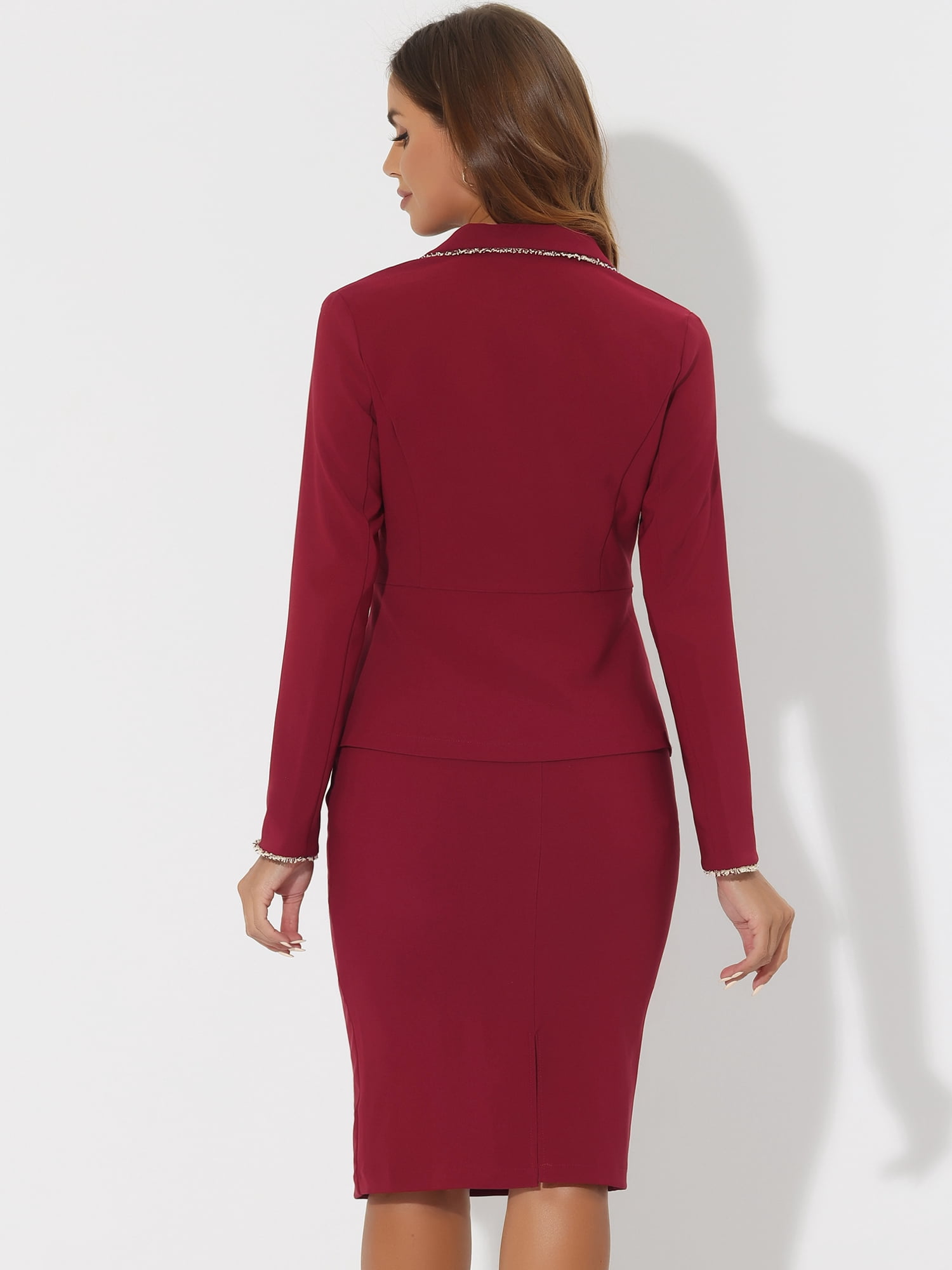DARING DIVA Women's 2 Pcs Business Tweed Trim Blazer Skirt Outfit Sets XL Wine Red