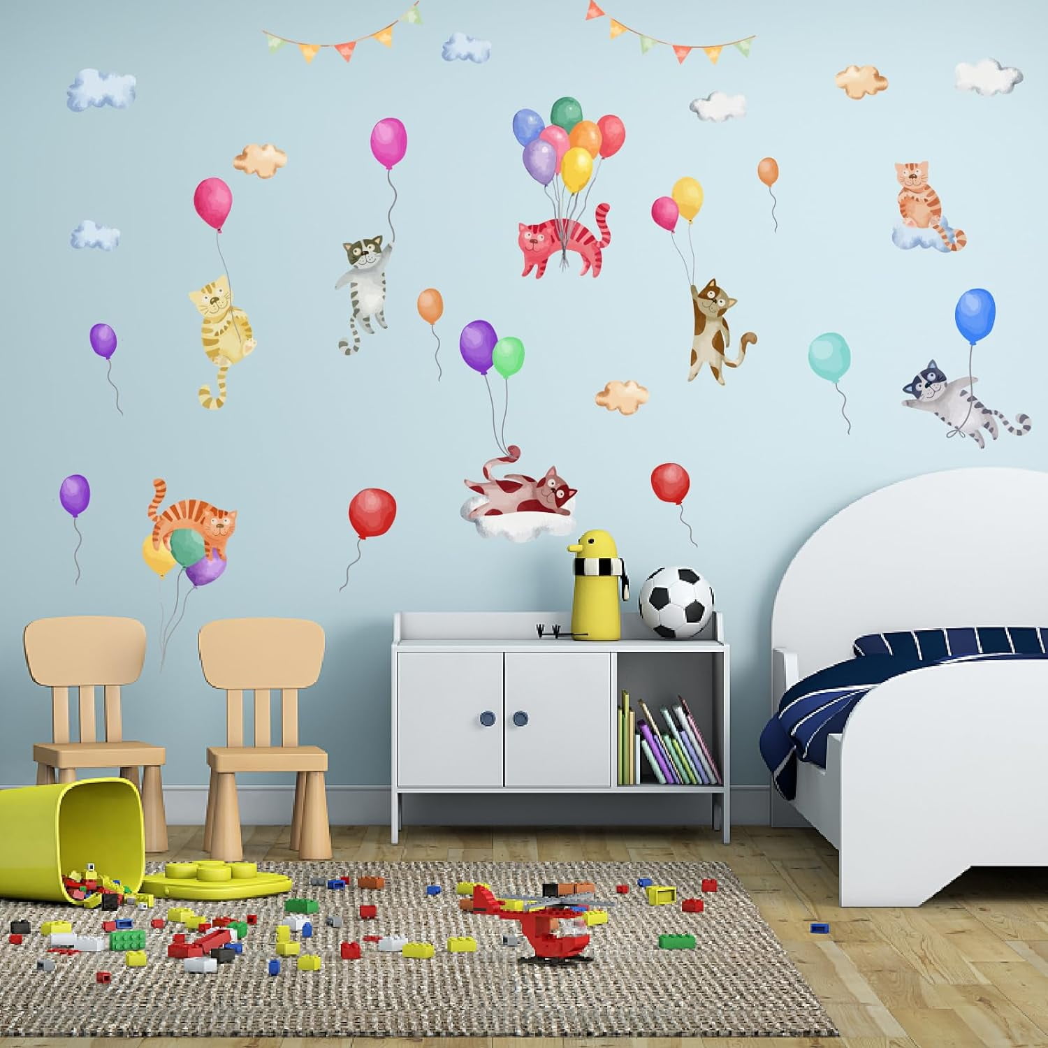 2 Sheets Colorful Cat Wall Stickers Peel and Stick Wall Decals Large Size Clouds Balloon Wall Art Murals DIY Wall Stickers for Bedroom Living Room Nursery Party Wall Decoration