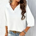 thumbnail image 5 of Lovskoo 2024 Women's Ribbed Lapel Collar Shirts V Neck 3/4 Short Sleeve Loose Casual Comfy Pullover Dressy Womens Tops White L, 5 of 8
