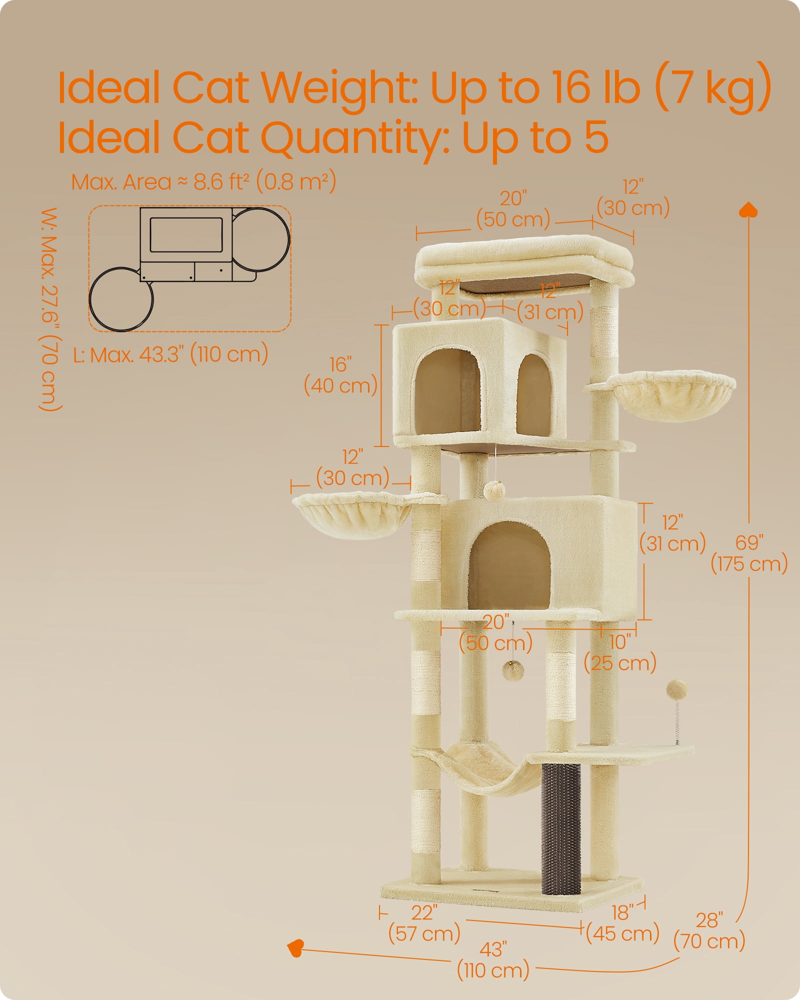 69 Inch Tall Cat Tree Tower for Indoor Cats, Multi-Level Cat Condo with 2 Caves, 2 Baskets, 5 Scratching Posts, Self-Groomer, Perch, and Hammock, Beige
