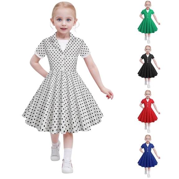 WAYUTE Dresses for Girls Kids Short Sleeve Vintage Lapel Polka Dot Printed Button Down A Line Dress for Teen Party School Casual Summer,White