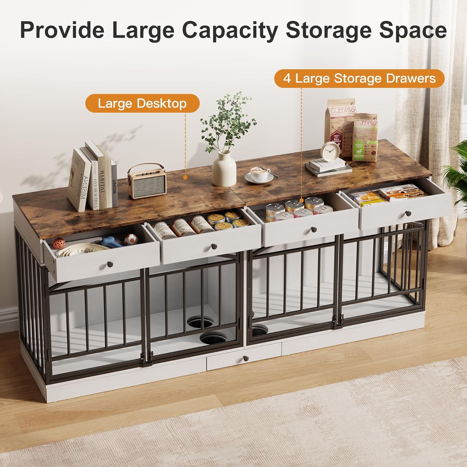 IdealHouse Double Dog Crate Furniture for 2 Dogs, Indoor Pet Kennel TV Stand with 4 Storage Drawers & Feeding Bowls, for Small/Medium Dogs, White