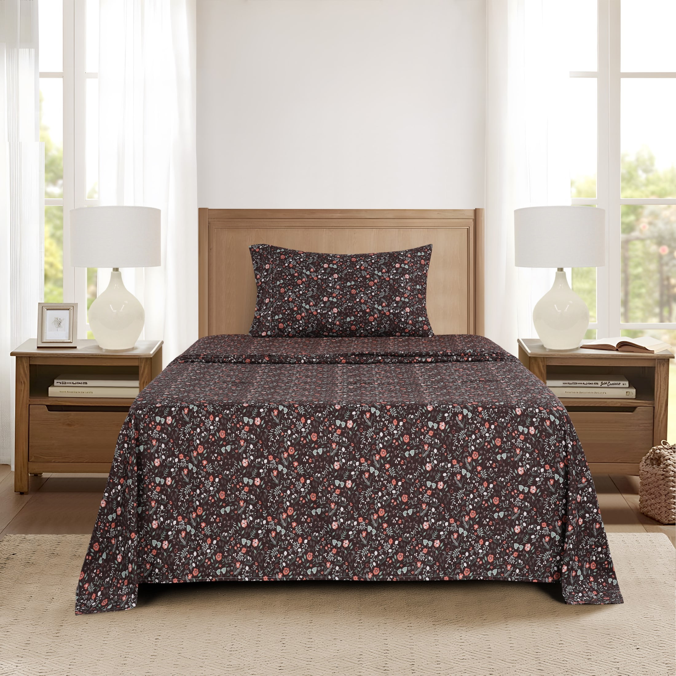 Mainstays Super Soft Brushed Microfiber Bed Sheet Set, Dark Brown Floral, Twin-XL, 3 Piece