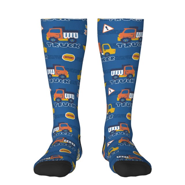 Xecao Construction Vehicles Pattern Adult Stockings with Color-Block Design and 3D Print, Breathable Comfortable Hosiery for Daily Wear and Sports