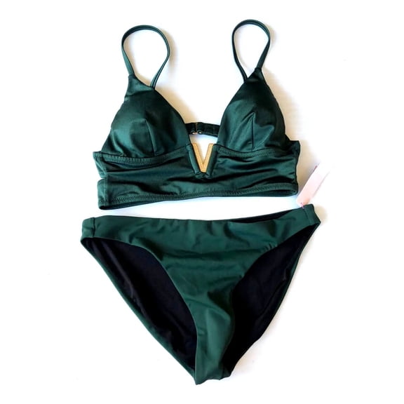 Victoria’s Secret V-Hardware Gold Tone Rhinestone Bralette Bikini Swim 2 Piece Set Dark Green Size Small NWT