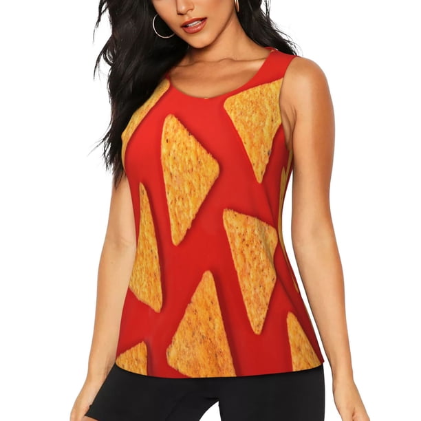 Balery Tortilla chips Camiseta sin mangas estampada ligera para mujer, tops de entrenamiento sin mangas, camisetas de yoga transpirables de secado rápido.-Small