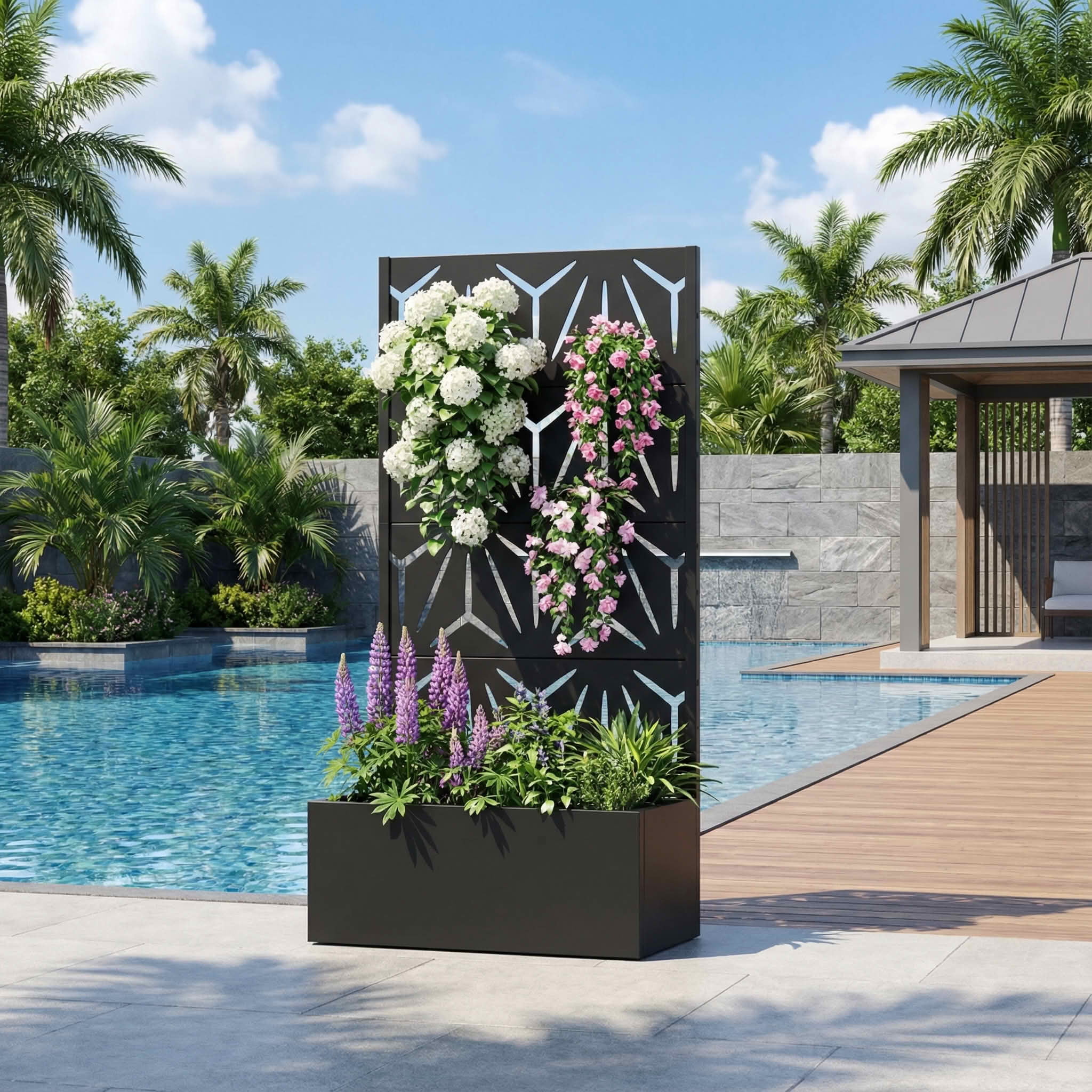 MAYEERTY 59X30" Metal Outdoor Black Privacy Screen with Planter Box for Backyard & Garden, 4 Piece Set
