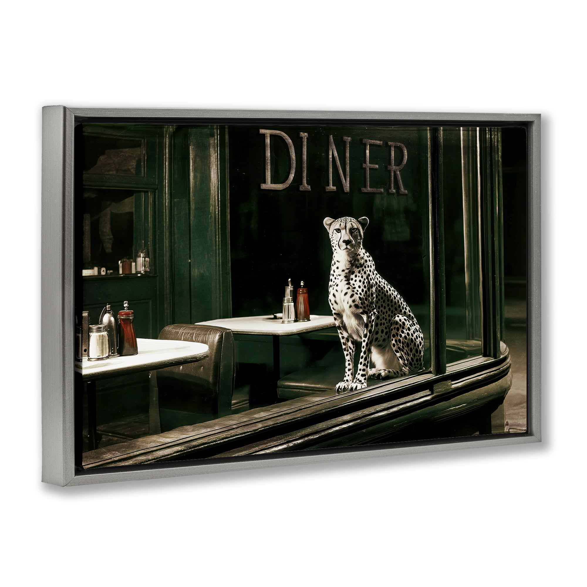 Stupell Industries Diner Sentry Leopard Gray Framed Floater Canvas Wall Art, design by Annabelle Hall