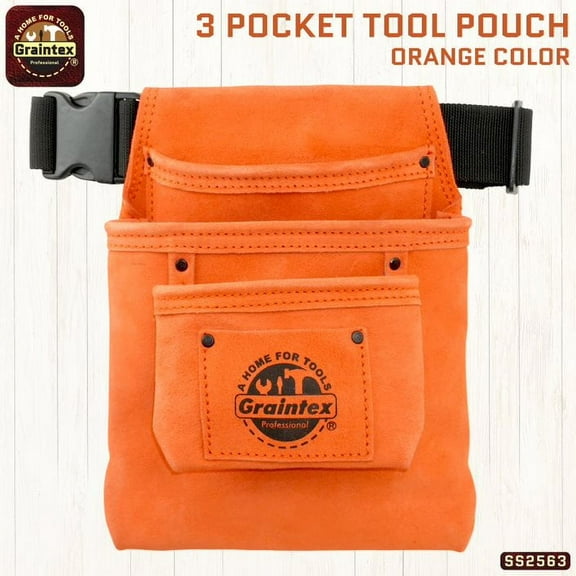 Graintex SS2563 :: 3 POCKET NAIL & TOOL POUCH ORANGE COLOR SUEDE LEATHER WITH BELT
