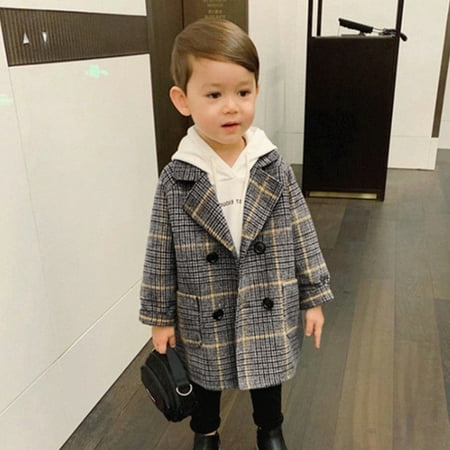 

Baby Girls Boys Plaid Elegant Notched Collar Double Breasted Wool Trench Kid Coats