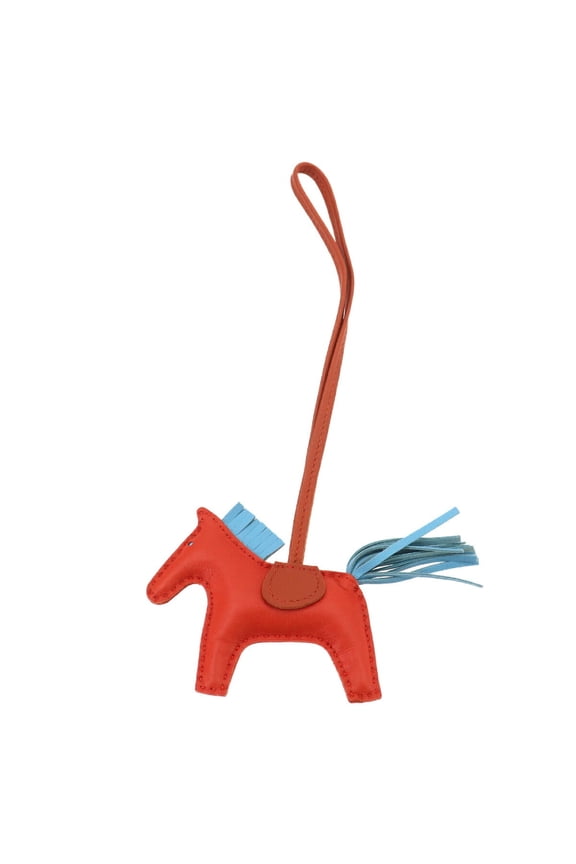 Pre-Owned Hermes Rodeo PM accessory bag charm in Agneau Milo Capucines Celeste Carnelian with Y...