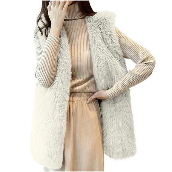 ABATAB Women's Cardigans Vests Warm Winter Plush Duster Coats Sleeveless Thermal Waistcoats Fuzzy Fleece Long Gilet Jackets(X-Large,White)