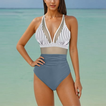 Ayolanni Sheer Swimsuits for Women 2025 White V-Neck Modest Striped Bodysuit Padded One-Piece Swimsuits for Teens XL