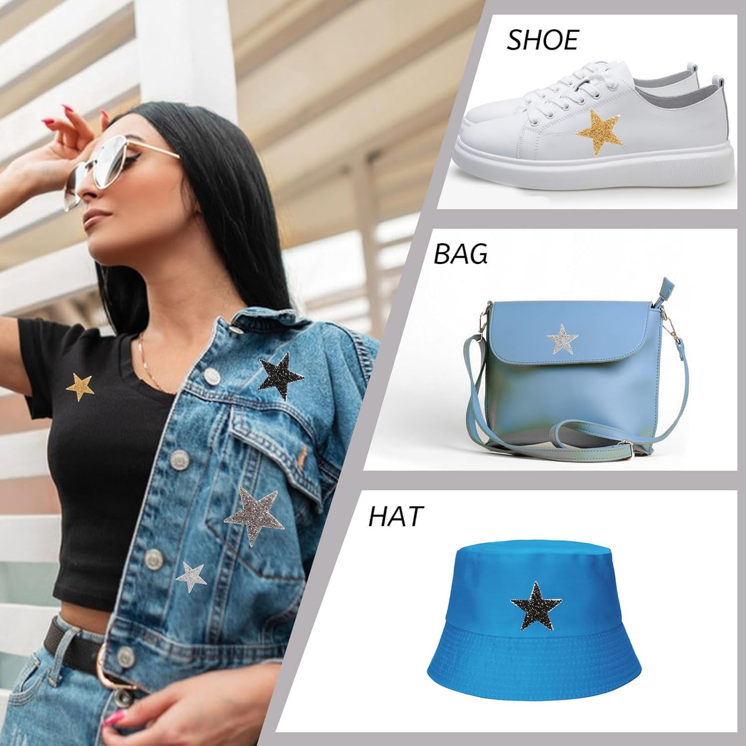 Star Iron on Patches, 32Pcs Five Pointed Star Hot Diamond Cloth Sticker Decorative Patches Clothing Jeans Shoes Hats Repair and Decoration DIY Craft