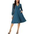 thumbnail image 2 of Vestido envolvente para mujer Inspire Chic, con escote en V, mangas de linterna, puntos suizos, vestido midi con bolsillos, azul S, 2 of 6