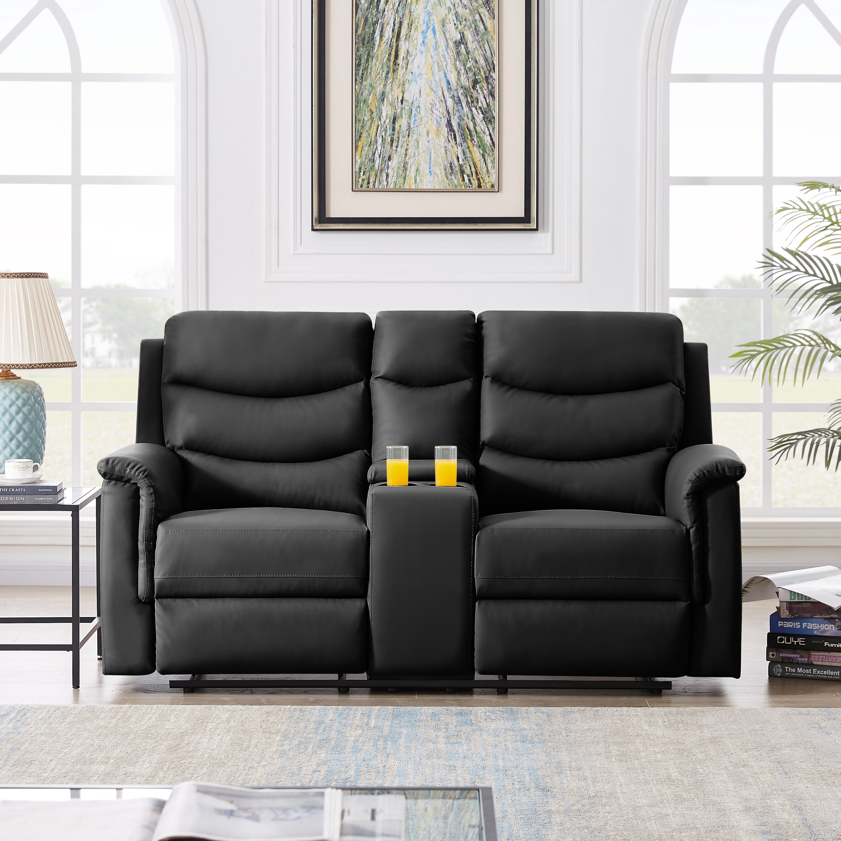 Gewnee Faux Leather Upholstered Modern Recliner Loveseat Sofa Couch,Seat Chair with Cup Holders for Living Room,Apartment, Office for Adult