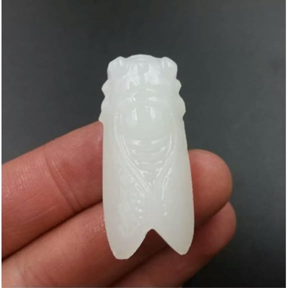 K-KED Natural White Afghanistan Carved Cicada Jade Pendant Quartz Crystal Chakra Stone-default
