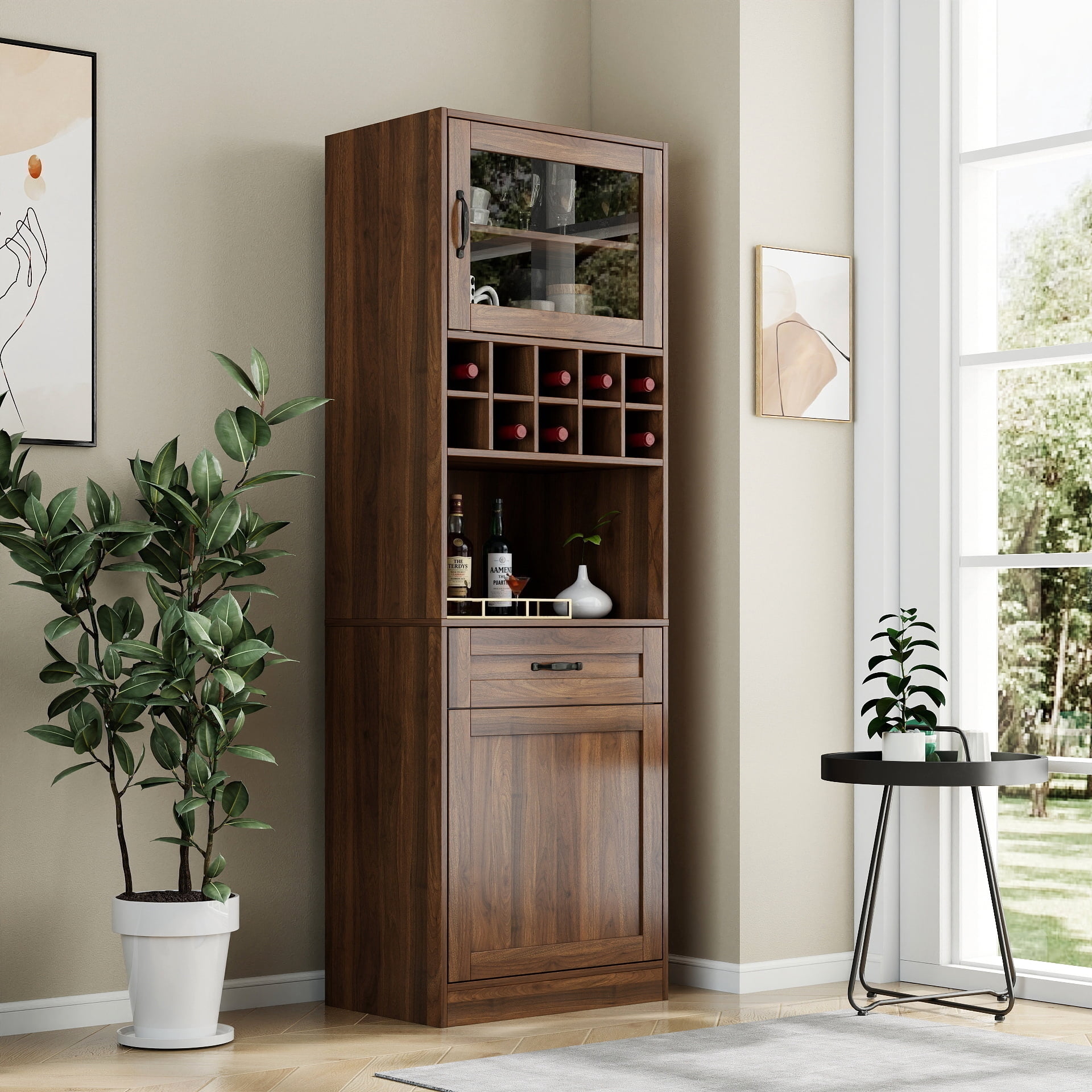 Kitchen Pantry Cabinet Farmhouse Storage Cabinet with Glass Door Pull-Out Shelf, Walnut