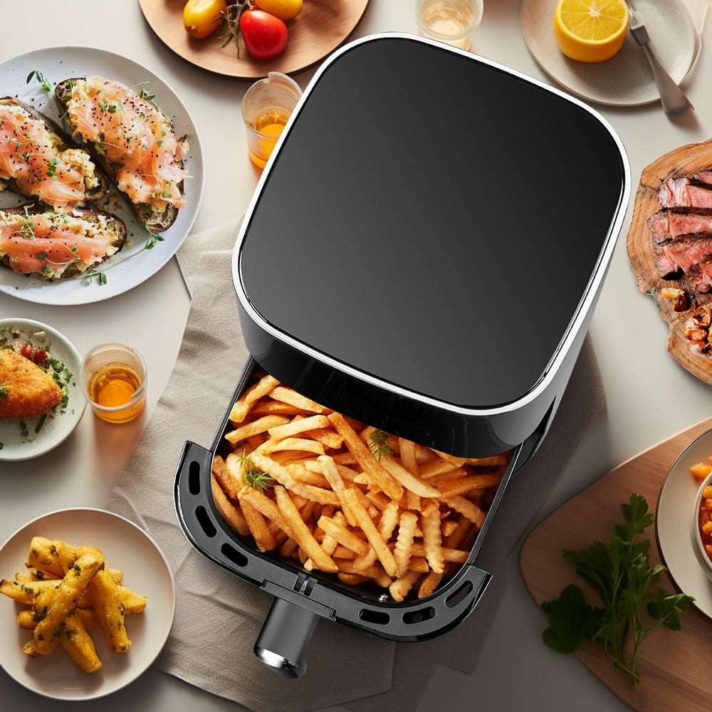 PDstation Air Fryer 10L Max 450F for Cooking, 6 Presets Fry Touch Panel Easy View Window, Dishwasher-Safe Basket, Customized Temp/Time, Fries, Chicken, Meat, Fish,New Black