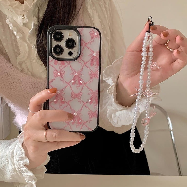 Pink Bow Ribbon Phone Case for iPhone 15 Pro Max with Pearl Beade