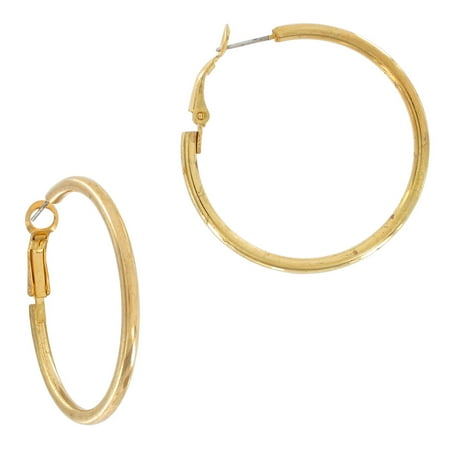 Round Pierced Earrings - Round Hoop Pierced Earrings Shiny Gold Tone Plain 1 1/2