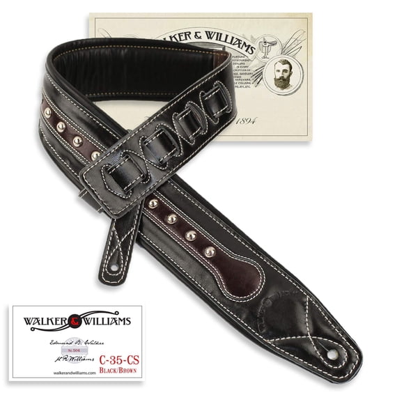 Walker & Williams C-35 CS Black and Brown Premium Top Grain Leather Padded Guitar Strap with Metal Studs